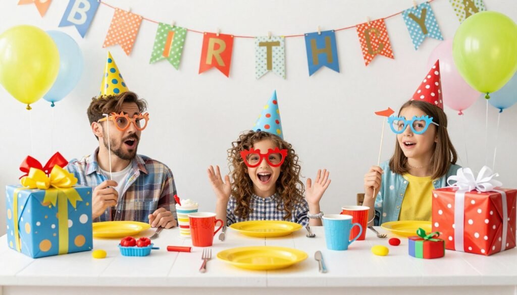 A birthday party table with funny props and gag gifts, perfect for a funny happy birthday celebration A birthday party table with funny props and gag gifts, perfect for a funny happy birthday celebration