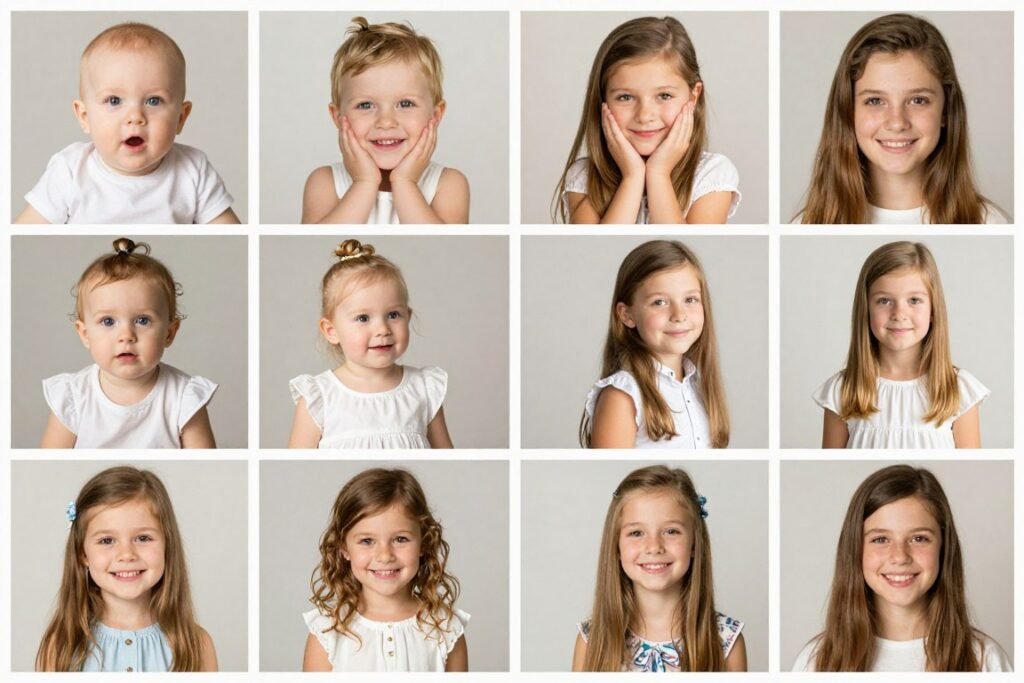 A birthday photo collage showing a daughter at different ages, creating a beautiful timeline A birthday photo collage showing a daughter at different ages, creating a beautiful timeline