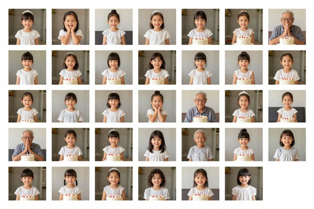 A birthday tradition being documented with photographs of the same pose or activity repeated each year, showing a granddaughter's growth and the continuing family tradition