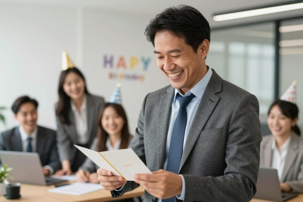 A boss laughing while opening a humorous birthday card from employees, representing happy birthday funny humorous workplace celebrations
