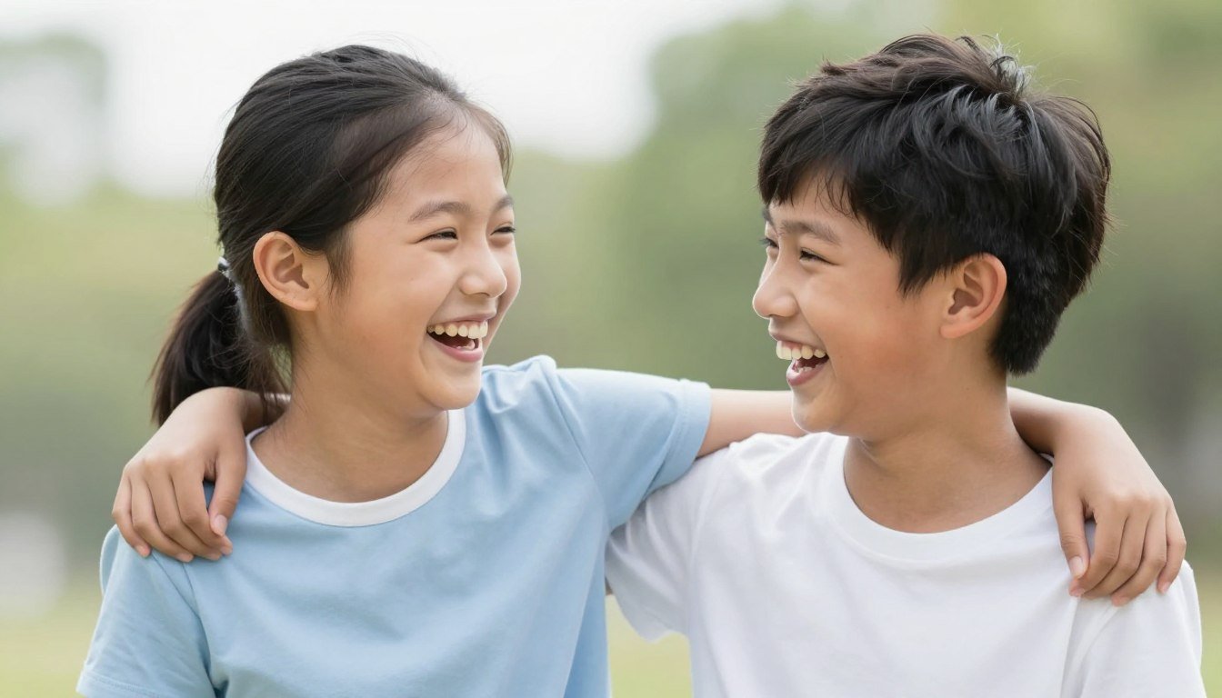 A brother and sister laughing together outdoors, capturing their special sibling bond on his happy birthday