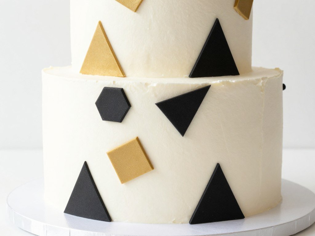 A cake with simple geometric patterns created using fondant cutouts in contrasting colors