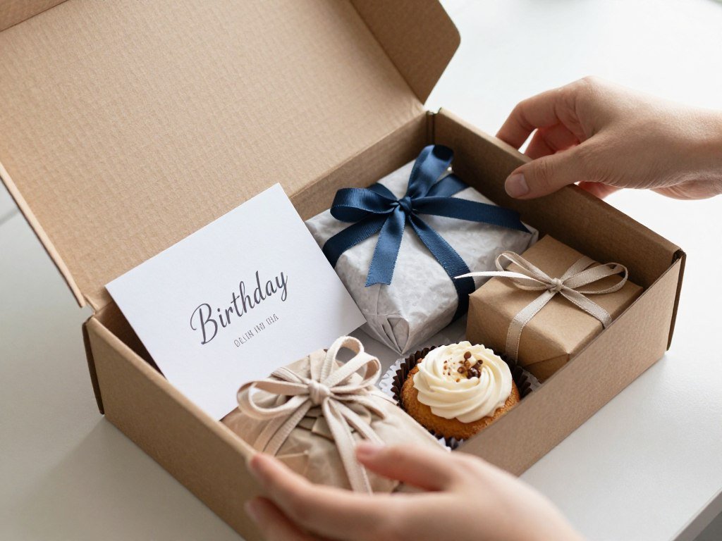 A care package being prepared to send to a cousin for their birthday