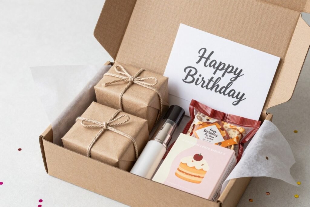 A care package being prepared with birthday items and sister gifts