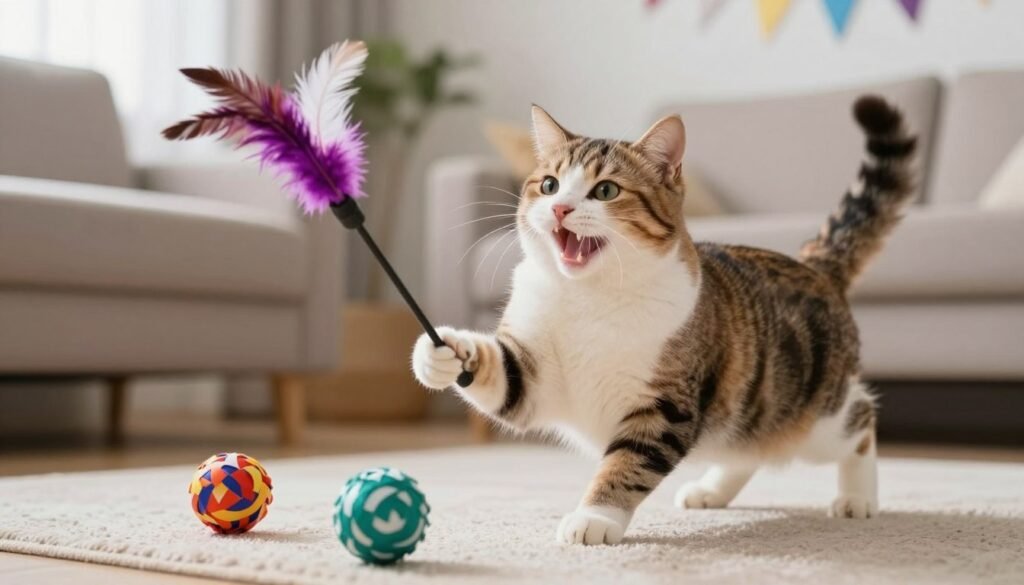 A cat playing with new toys during a birthday celebration