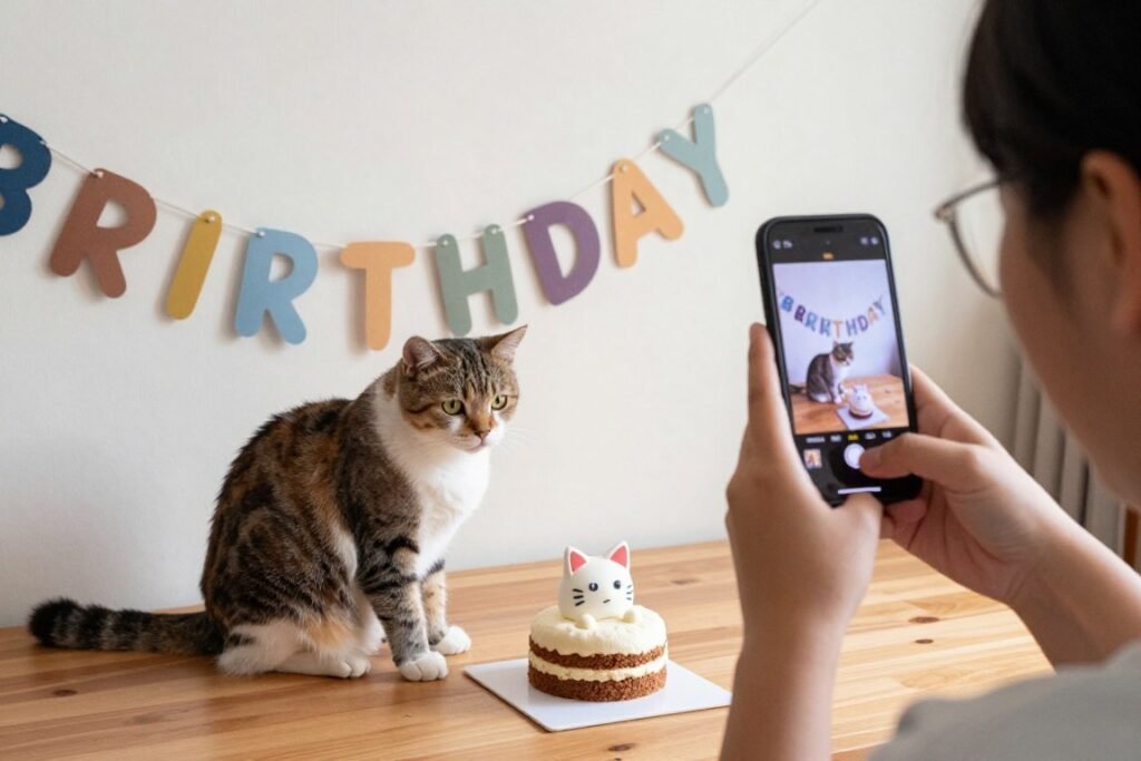 A cat posing with birthday decorations while a person takes photos
