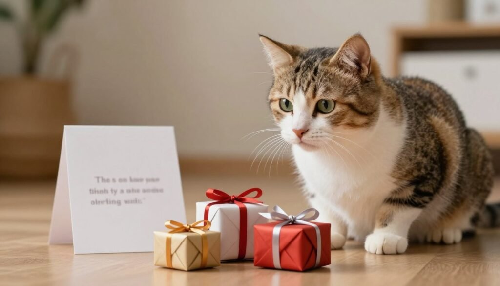 A cat with a birthday card and gifts