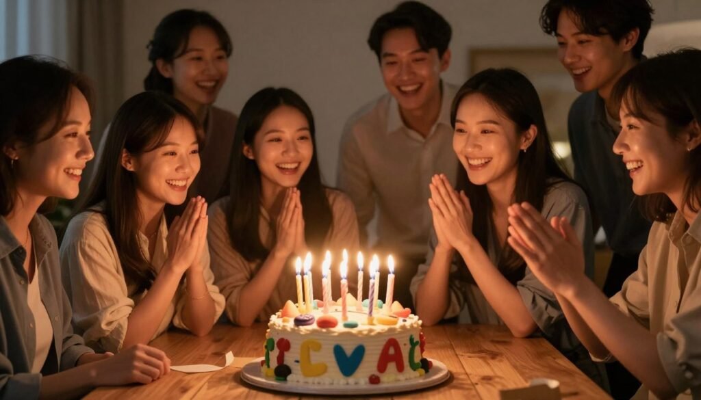 A celebration scene with people gathered around a creative birthday cake with lit candles A celebration scene with people gathered around a creative birthday cake with lit candles