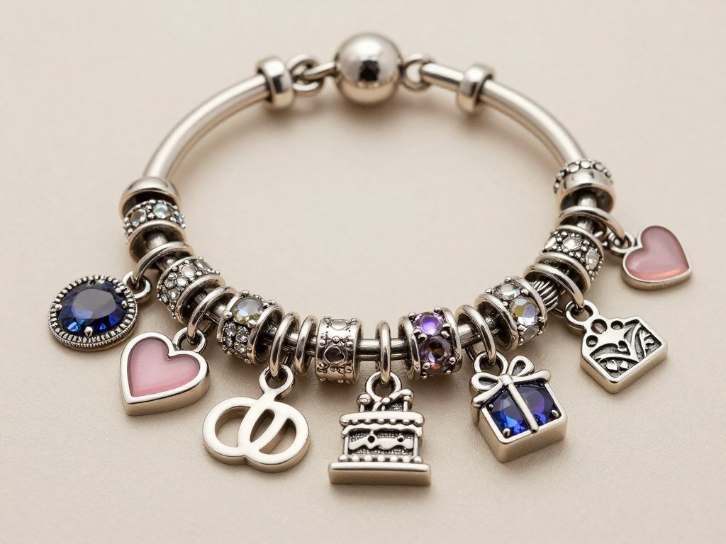 A charm bracelet with birthday-themed and sister-themed charms