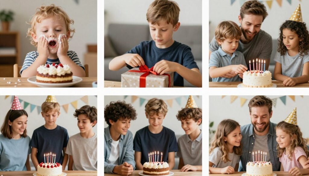A collage showing sons of different ages celebrating birthdays, from a toddler to an adult man