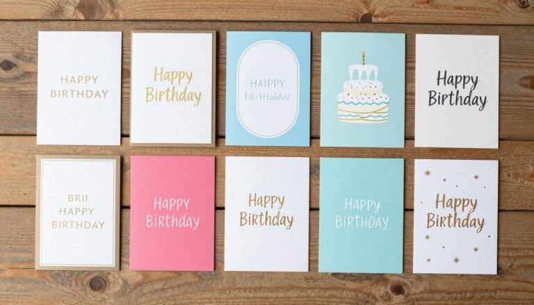 A collection of beautiful happy birthday cards displayed on a wooden table