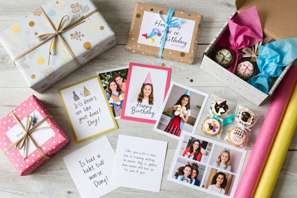 A collection of birthday surprises being prepared to send to a granddaughter from afar, including wrapped gifts, cards, photos, and personalized items