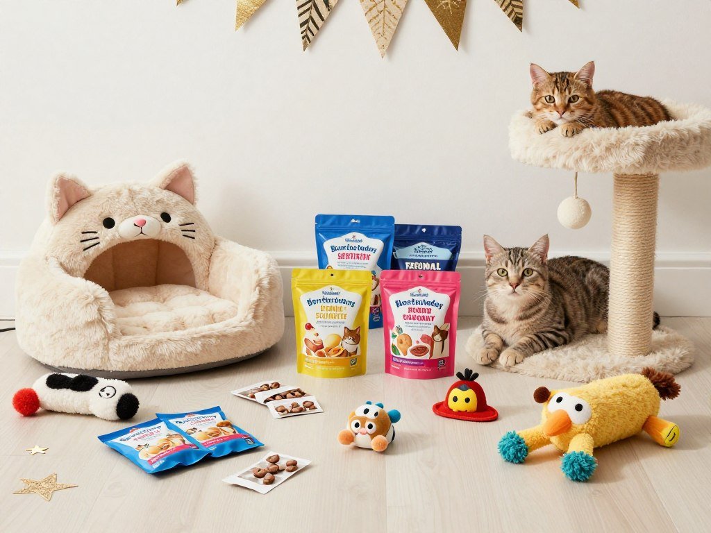 A collection of cat birthday gifts including toys, a cozy bed, and treats arranged in a festive display