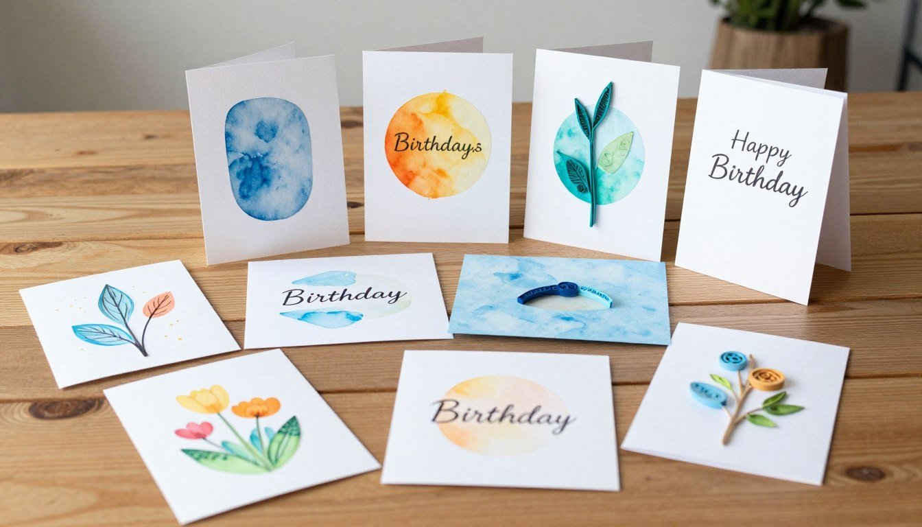 A collection of colorful handmade birthday cards displayed on a wooden table, showing various techniques and styles