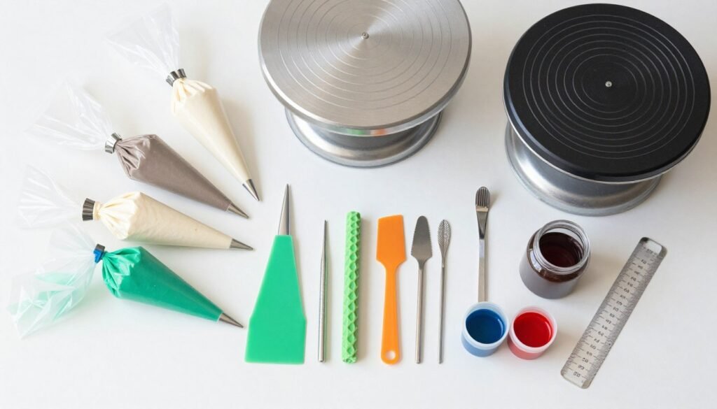 A collection of essential cake decorating tools arranged neatly on a workspace A collection of essential cake decorating tools arranged neatly on a workspace