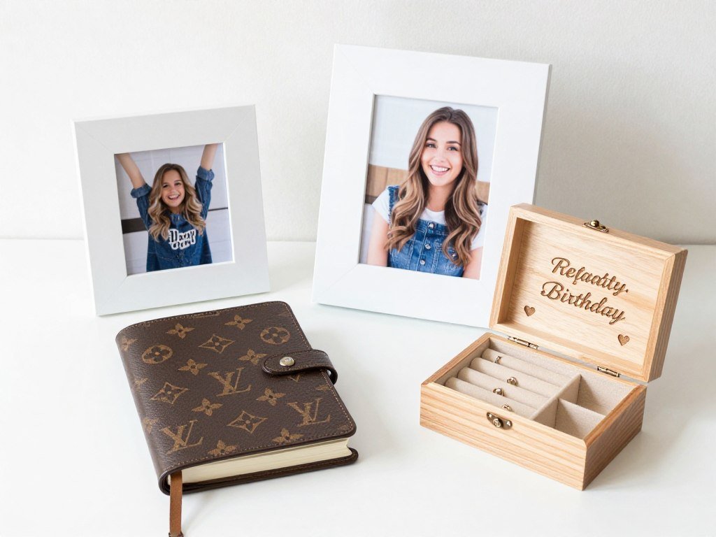 A collection of personalized birthday gifts including a monogrammed leather journal, custom photo frame, and engraved jewelry box A collection of personalized birthday gifts including a monogrammed leather journal, custom photo frame, and engraved jewelry box