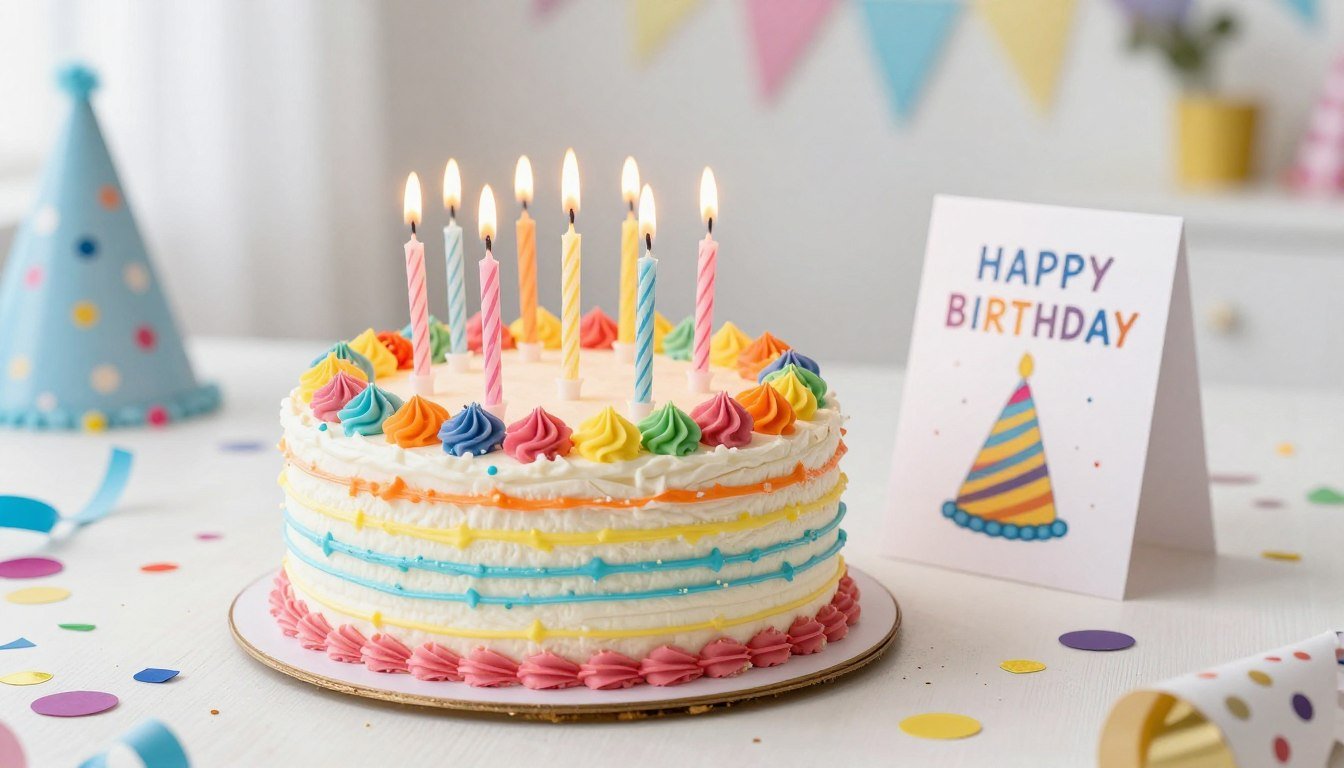 A colorful birthday cake with candles and funny happy birthday wishes card