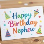 A colorful birthday card with 'Happy Birthday Nephew' written in playful lettering, surrounded by festive decorations and confetti