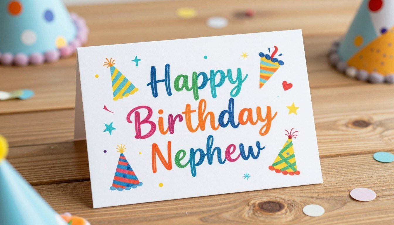 A colorful birthday card with 'Happy Birthday Nephew' written in playful lettering, surrounded by festive decorations and confetti