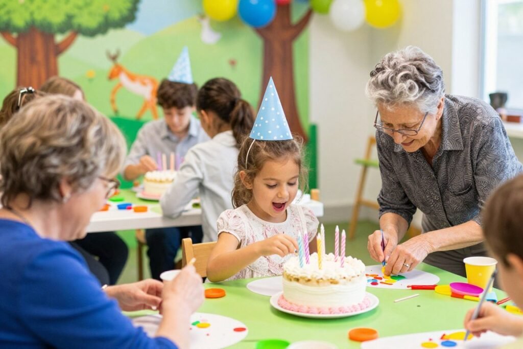 A colorful, imaginative birthday celebration for a young granddaughter with themed decorations, interactive activities, and joyful play with grandparents