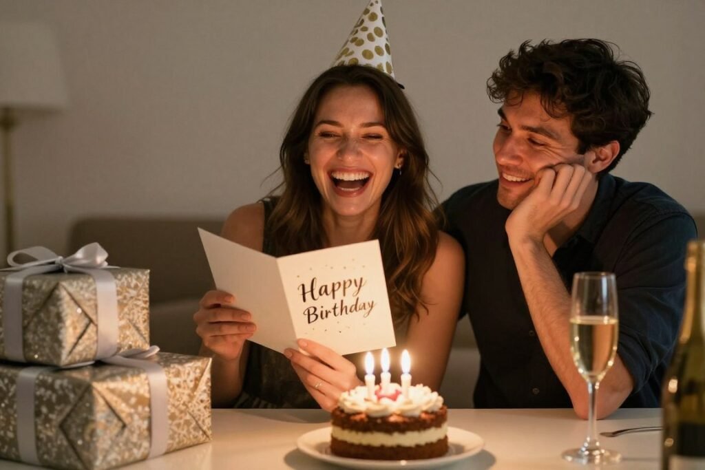 A couple celebrating a birthday with the woman laughing at a funny birthday card while surrounded by gifts
