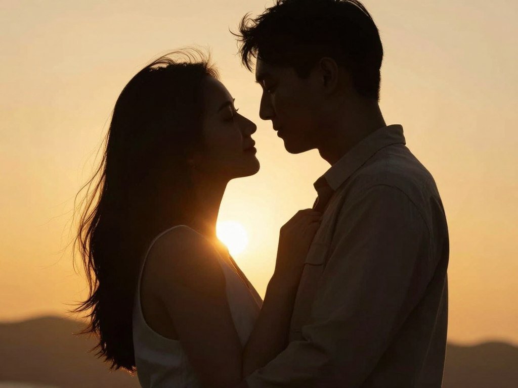 A couple embracing at sunset on husband's birthday A couple embracing at sunset on husband's birthday