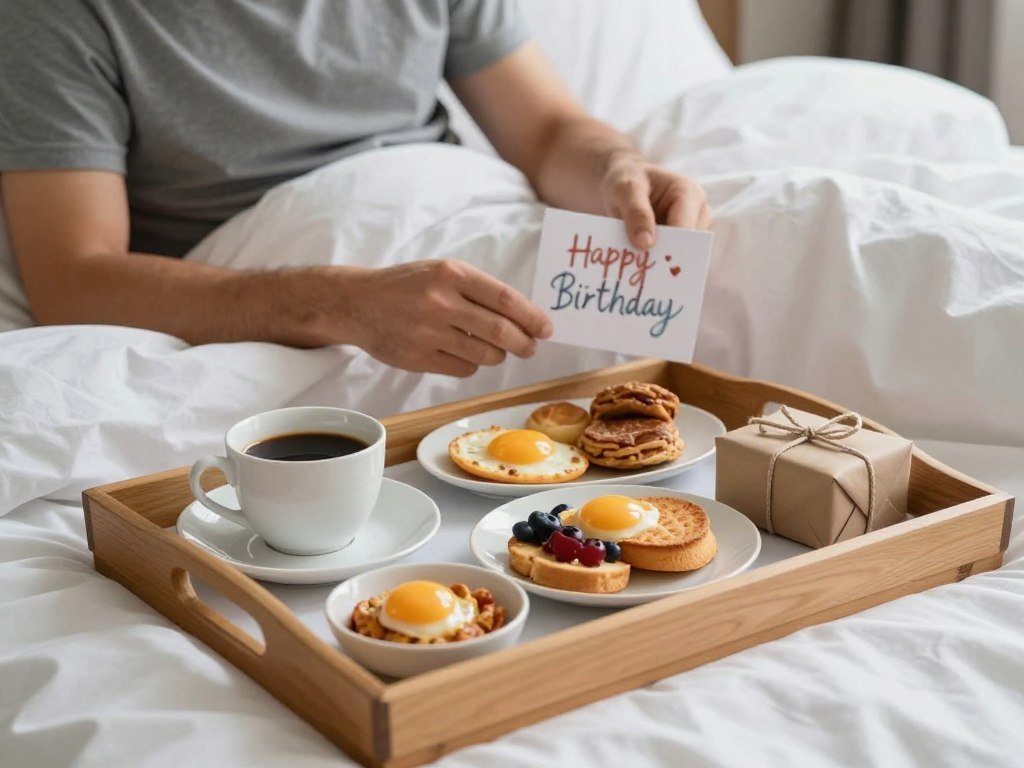 A couple enjoying breakfast in bed on husband's birthday A couple enjoying breakfast in bed on husband's birthday