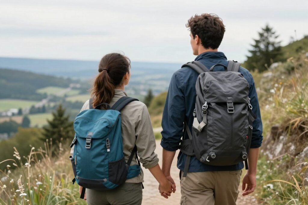 A couple hiking in nature on husband's birthday adventure A couple hiking in nature on husband's birthday adventure