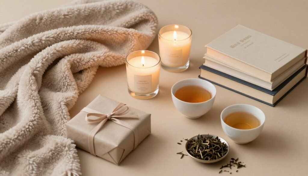 A cozy arrangement of homebody birthday gifts including a plush throw blanket, scented candles, and a premium tea set A cozy arrangement of homebody birthday gifts including a plush throw blanket, scented candles, and a premium tea set
