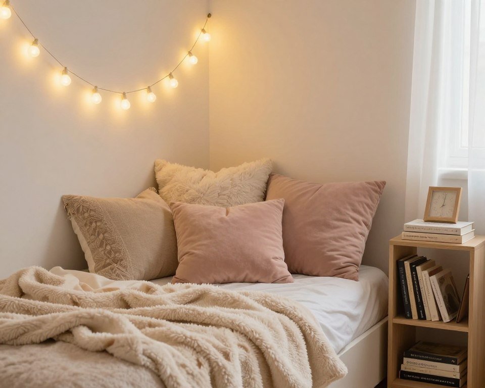 A cozy bedroom reading nook with pillows, blankets and string lights, no text overlay A cozy bedroom reading nook with pillows, blankets and string lights, no text overlay