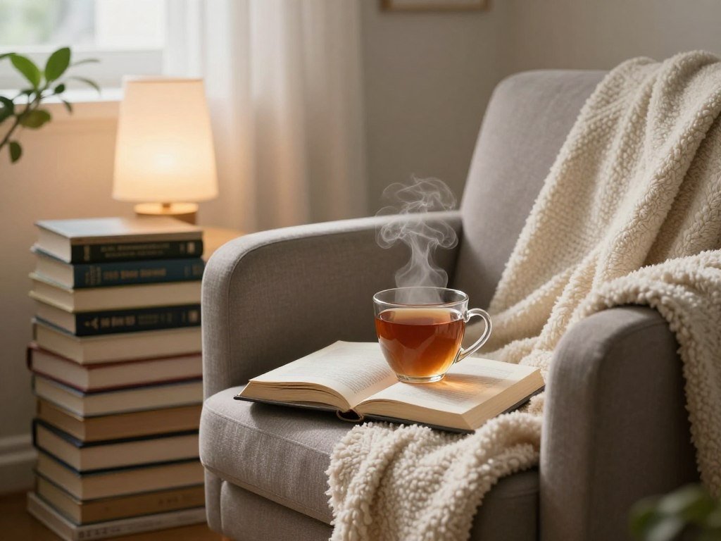 A cozy reading nook with books, tea, and blankets for a happy birthday to me quiet celebration A cozy reading nook with books, tea, and blankets for a happy birthday to me quiet celebration