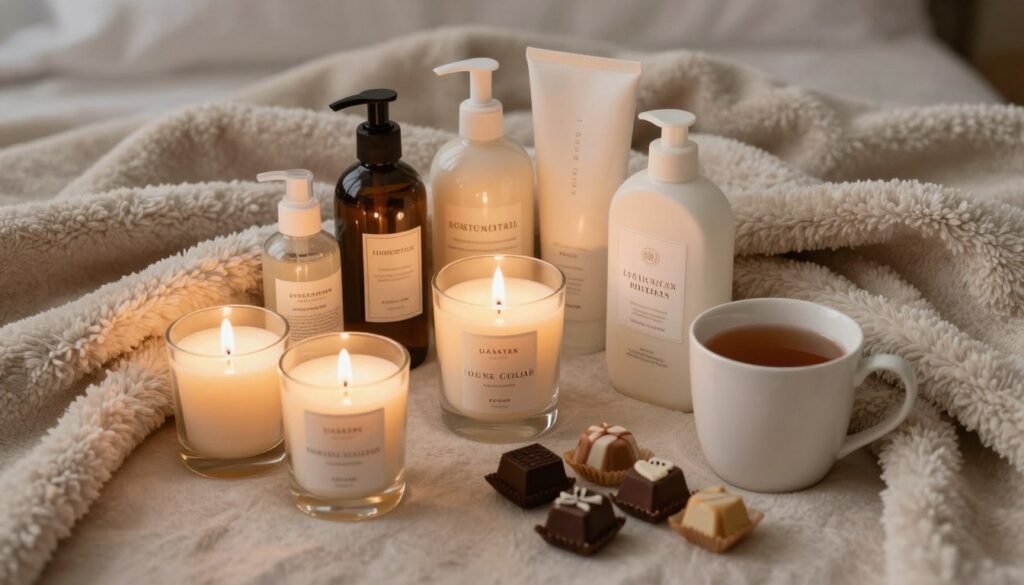 A cozy self-care gift arrangement with candles, bath products, and a soft throw blanket