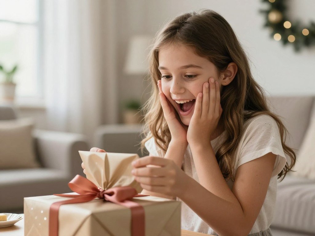 A daughter opening birthday presents with a joyful expression, beautifully captured A daughter opening birthday presents with a joyful expression, beautifully captured