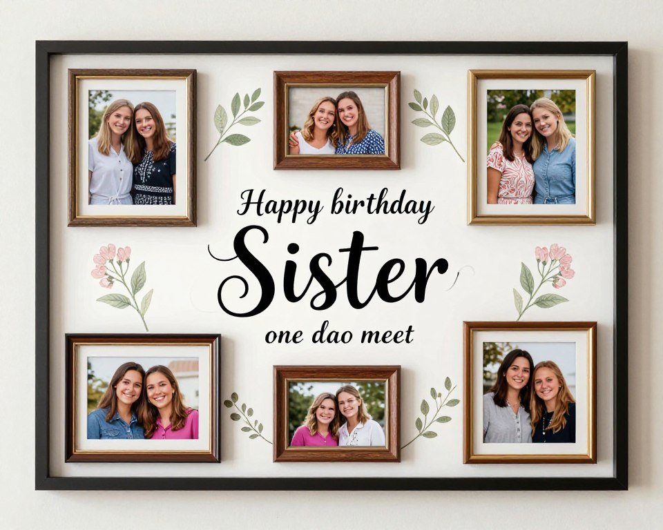 A decorative wall art with a sister quote surrounded by photos of sisters together