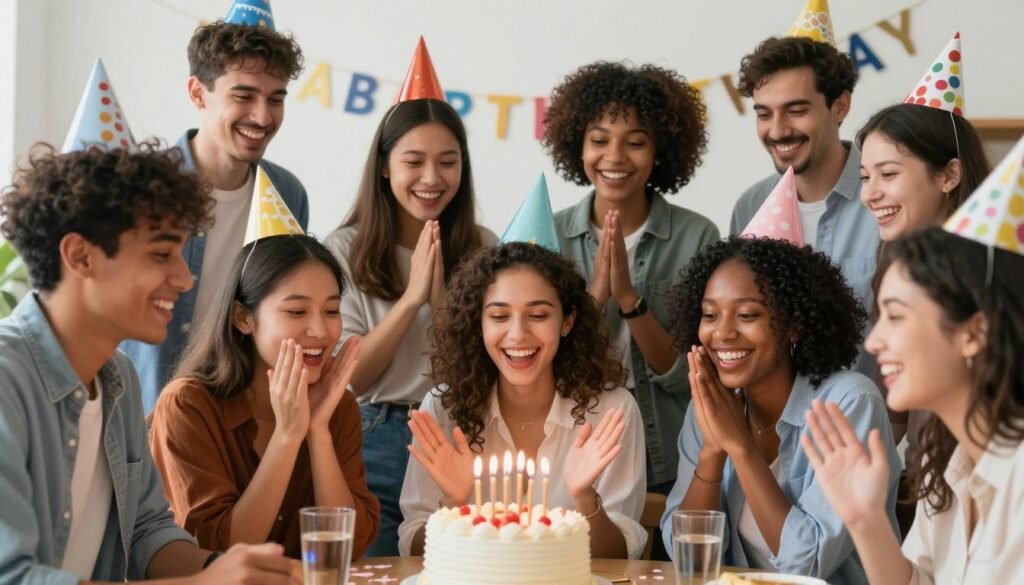 A diverse group of friends celebrating a birthday together