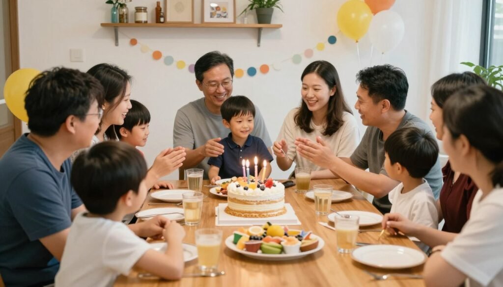 A family birthday celebration for a nephew with decorations, cake, and family members gathered around in a joyful atmosphere