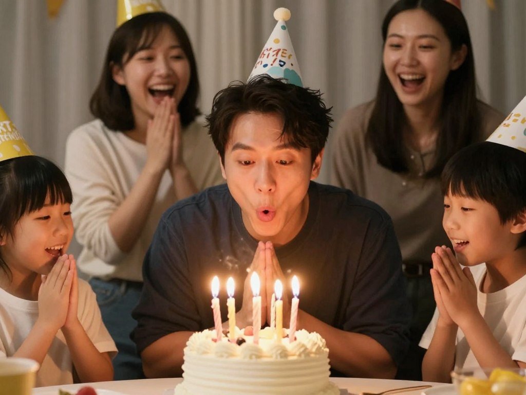 A family birthday celebration with someone making a funny face while blowing out candles, perfect for happy birthday funny humorous family content