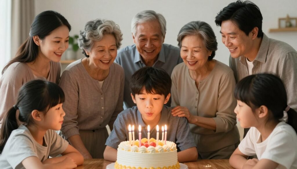 A family birthday tradition with multiple generations gathered around a birthday cake