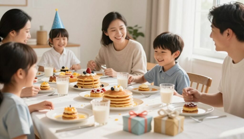 A family gathered around a birthday breakfast table with pancakes and decorations