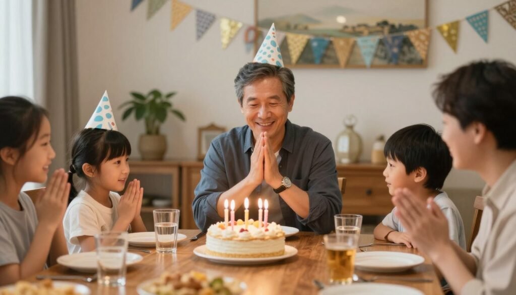 A family gathering celebrating a brother-in-law's birthday with cake and decorations A family gathering celebrating a brother-in-law's birthday with cake and decorations