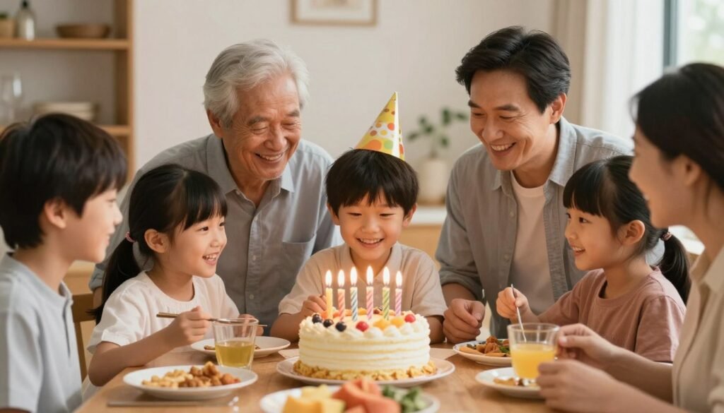 A family gathering to celebrate a birthday with multiple generations sharing joy around a birthday cake
