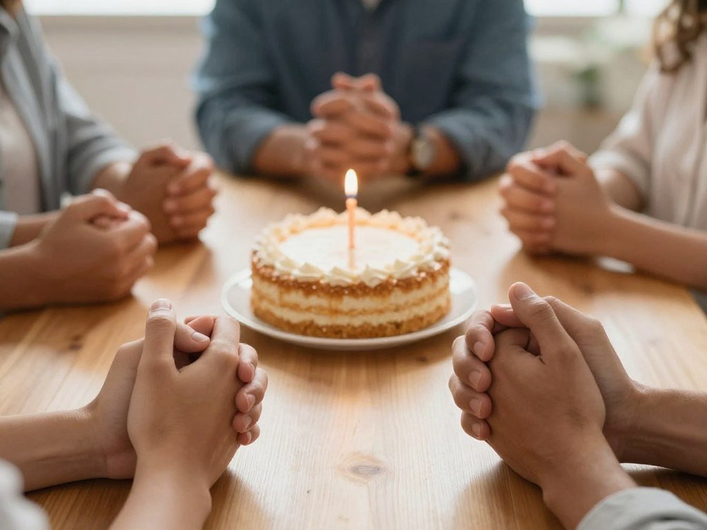 A family saying a blessing or prayer together during a birthday celebration
