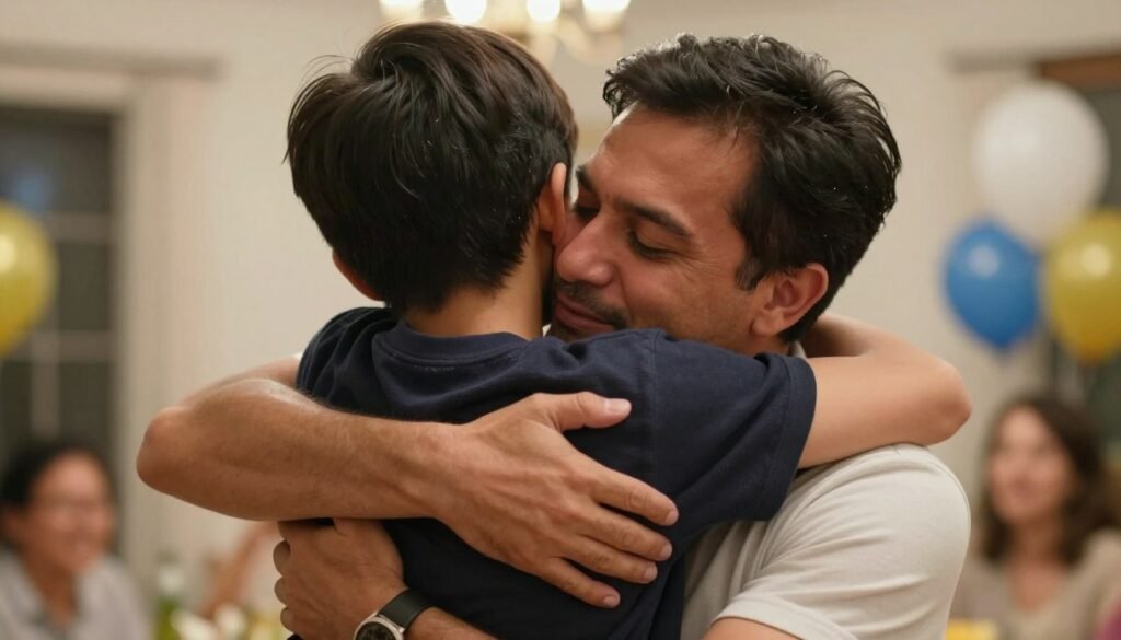 A father and son embracing during a birthday celebration, capturing a moment of connection