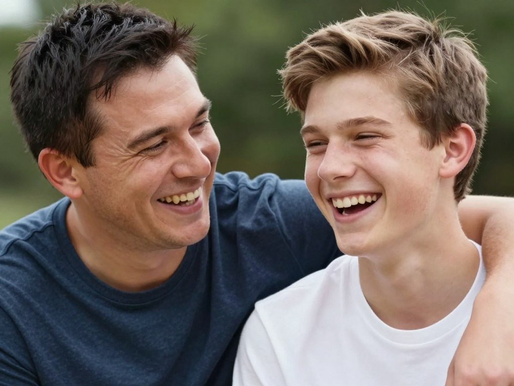 A father and son sharing a joyful moment outdoors, both smiling and laughing together
