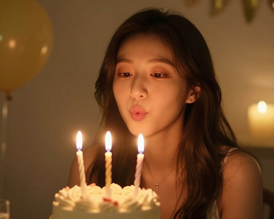 A female cousin blowing out birthday candles with a hopeful expression
