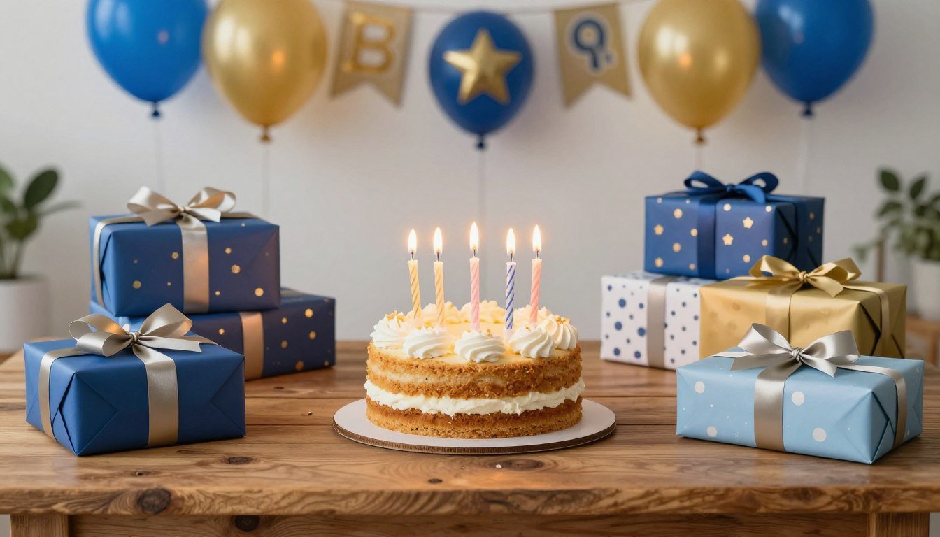 A festive birthday setup with blue and gold decorations, a cake with candles, and wrapped presents arranged on a wooden table