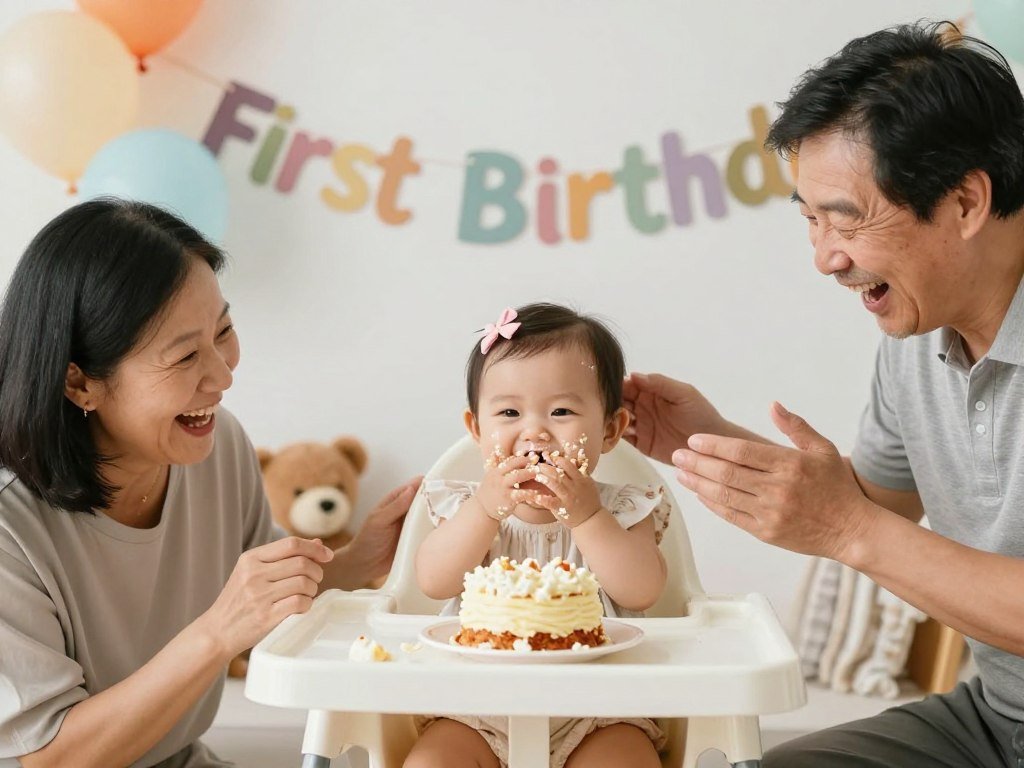 A first birthday celebration for a granddaughter with a smash cake, simple decorations, and grandparents enjoying the baby's joy and excitement