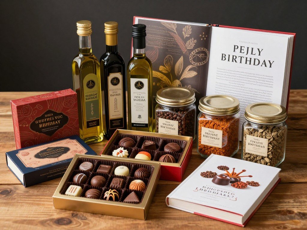 A gourmet birthday gift arrangement featuring artisanal chocolates, specialty olive oils, and a premium spice collection A gourmet birthday gift arrangement featuring artisanal chocolates, specialty olive oils, and a premium spice collection