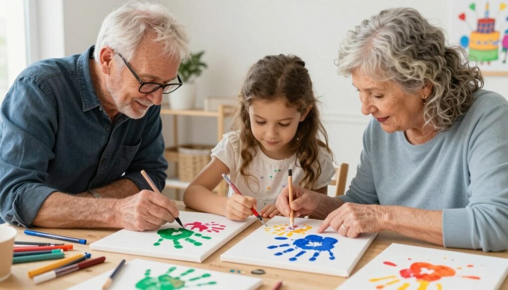 A granddaughter and grandparents creating birthday art together, painting or crafting something that captures the celebration and will become a keepsake of their time together
