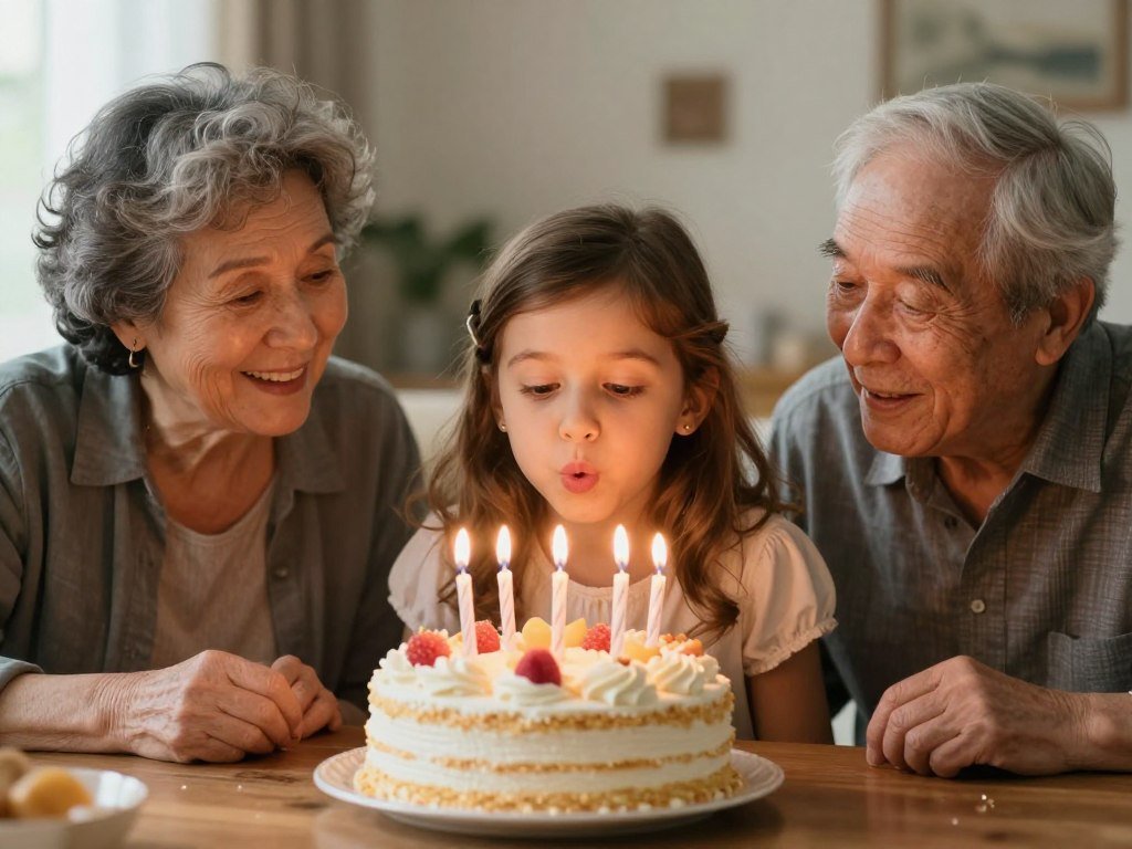 A granddaughter blowing out birthday candles on a beautifully decorated cake while her grandparents watch with joy and pride, celebrating happy birthday granddaughter moment